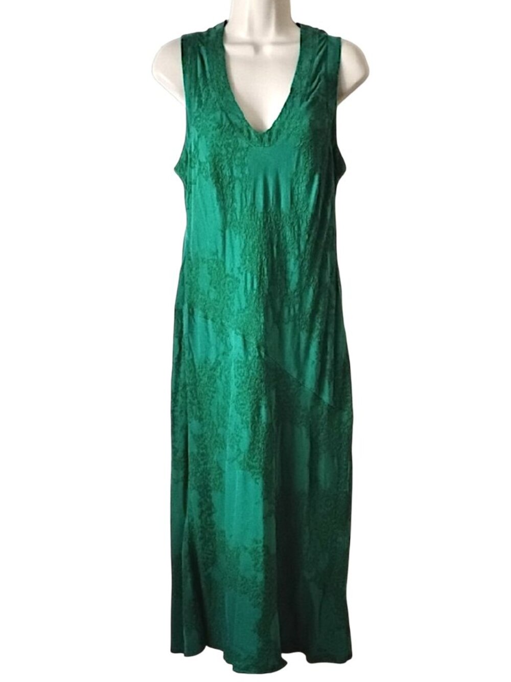 Raquel Allegra Flocked Silk Blend Bias Cut Midi Dress 2 M Emerald Green